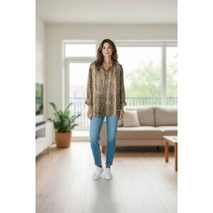 Animal Print Womens M/L Button-Down Sheer Blouse Long Sleeves Tunic Boho Chic